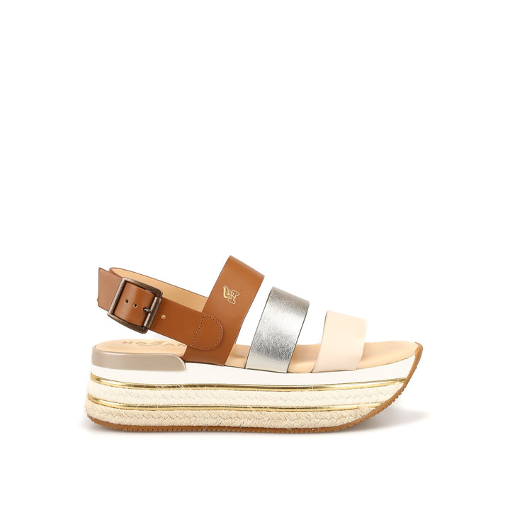 Hogan H432 Leather Wedge Sandals in Brown/Silver