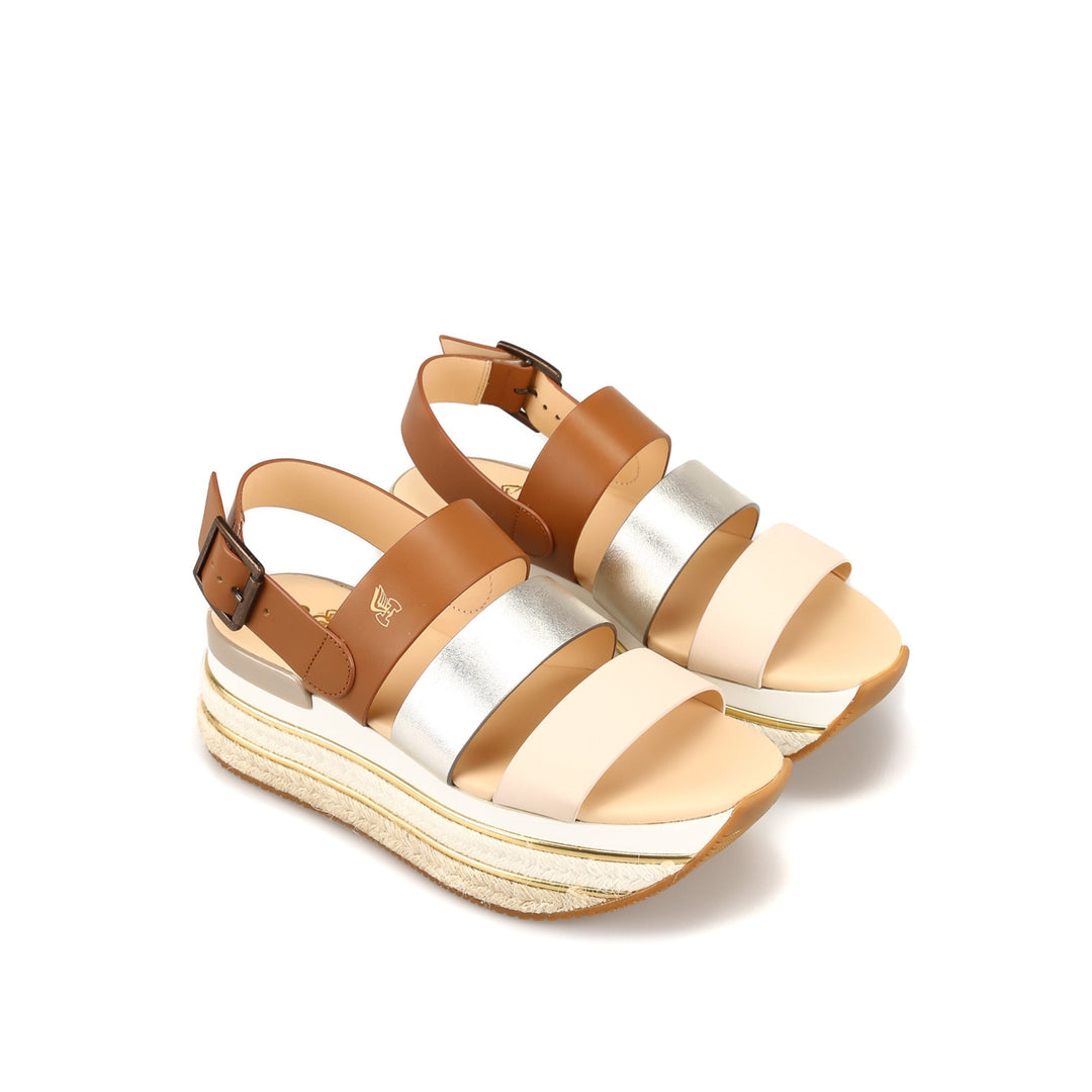 Hogan H432 Leather Wedge Sandals in Brown/Silver