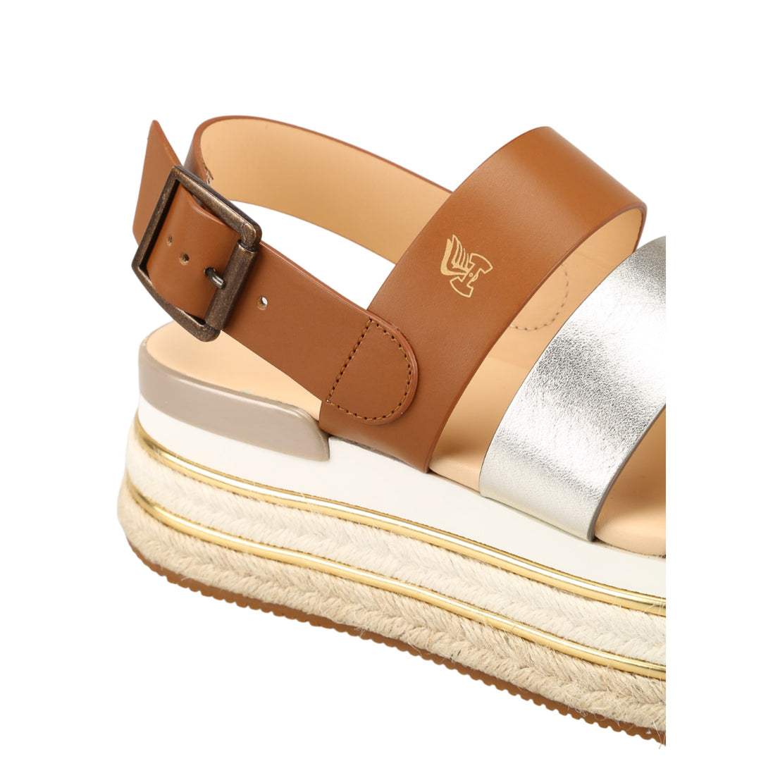 Hogan H432 Leather Wedge Sandals in Brown/Silver