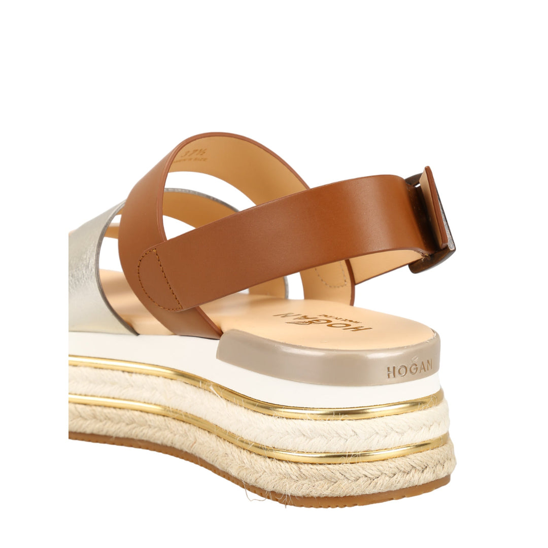 Hogan H432 Leather Wedge Sandals in Brown/Silver