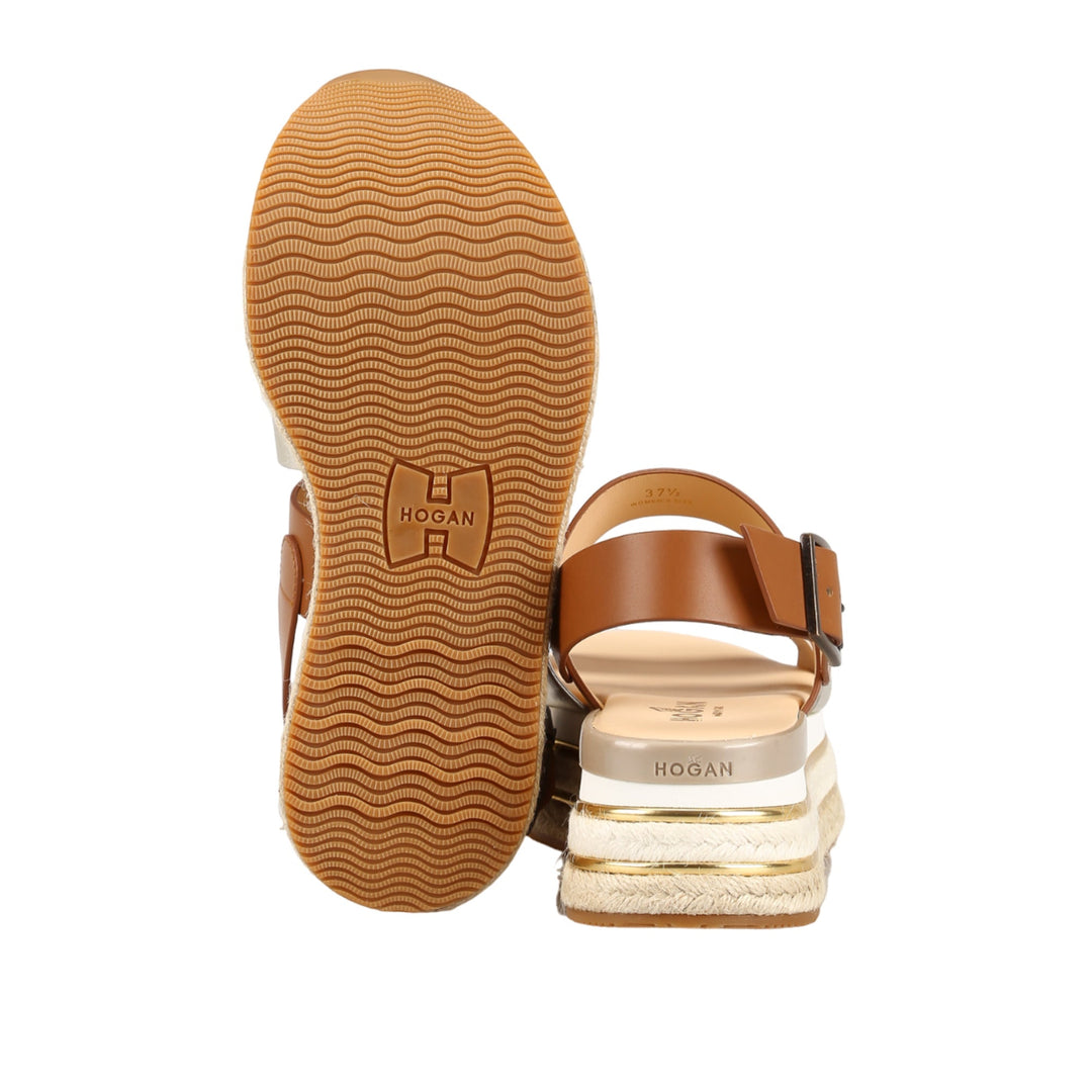 Hogan H432 Leather Wedge Sandals in Brown/Silver