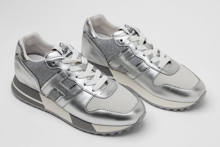 Hogan H383 Leather Sneakers in White/Silver