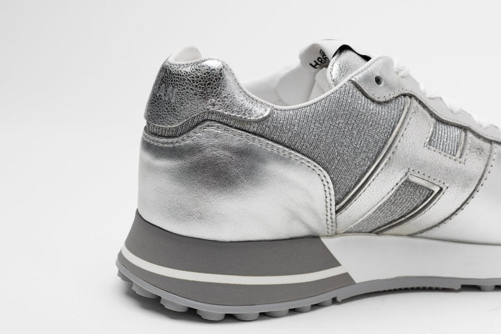 Hogan H383 Leather Sneakers in White/Silver