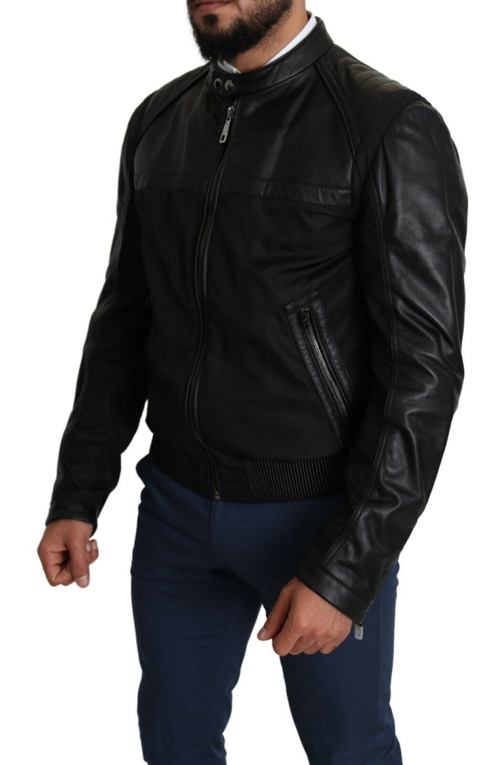 Dolce & Gabbana - Dolce & Gabbana Elegant Black Bomber with Leather Accents - JKT2759 - 48 - Ask Me Wear