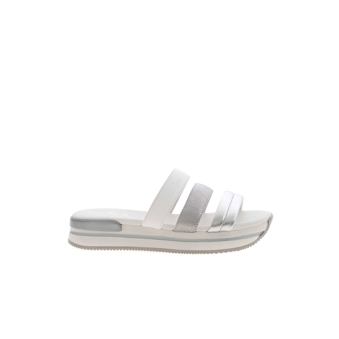 Hogan H257 Leather Sandals in White/Silver