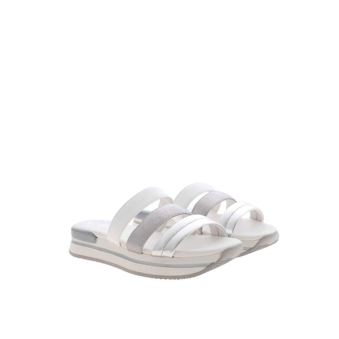 Hogan H257 Leather Sandals in White/Silver