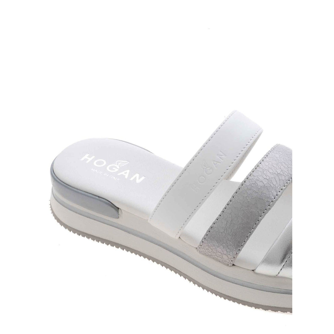 Hogan H257 Leather Sandals in White/Silver
