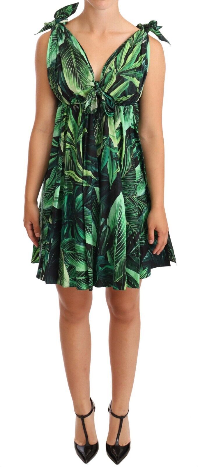 Dolce & Gabbana Green Leaves Print Cotton Flared Mini Dress Dolce & Gabbana Green Leaves Print Cotton Flared Mini Dress