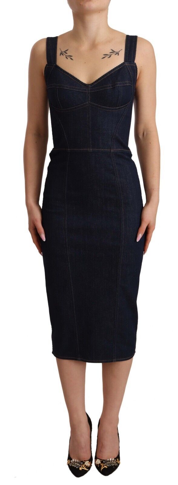 white christmas dresses Dolce & Gabbana Dark Blue Cotton Denim Sheath Midi Dress