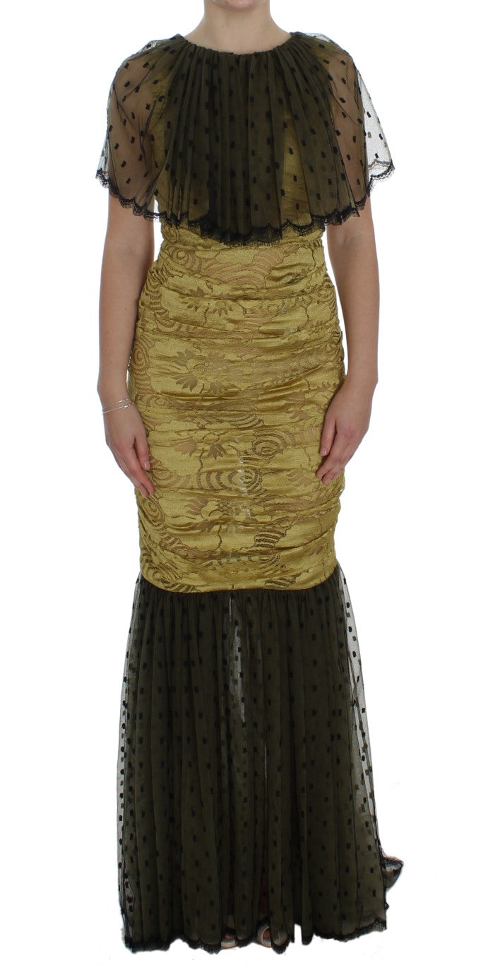 chinese dress ladies Dolce & Gabbana Yellow Black Floral Lace Ricamo Gown Dress