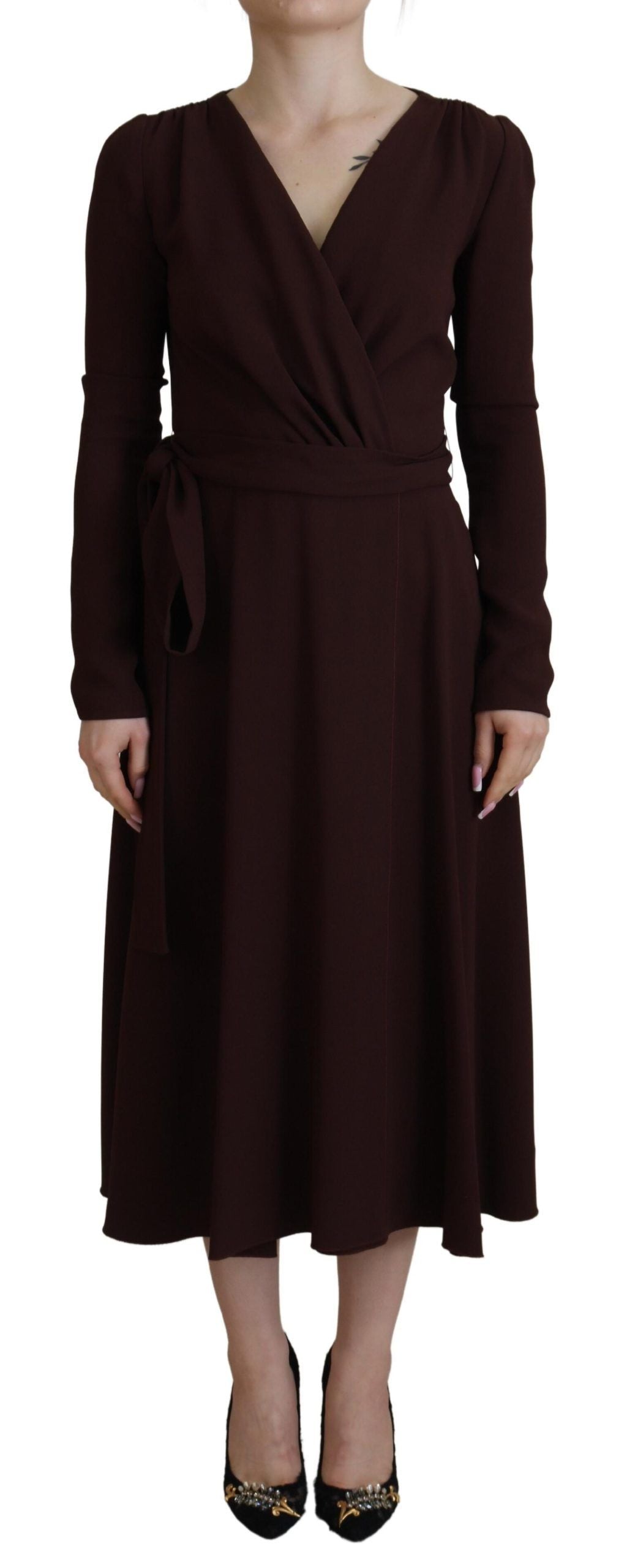 Dolce & Gabbana Elegant Brown Long Sleeve Wrap Dress IT46|XL Dolce & Gabbana Elegant Brown Long Sleeve Wrap Dress IT46|XL