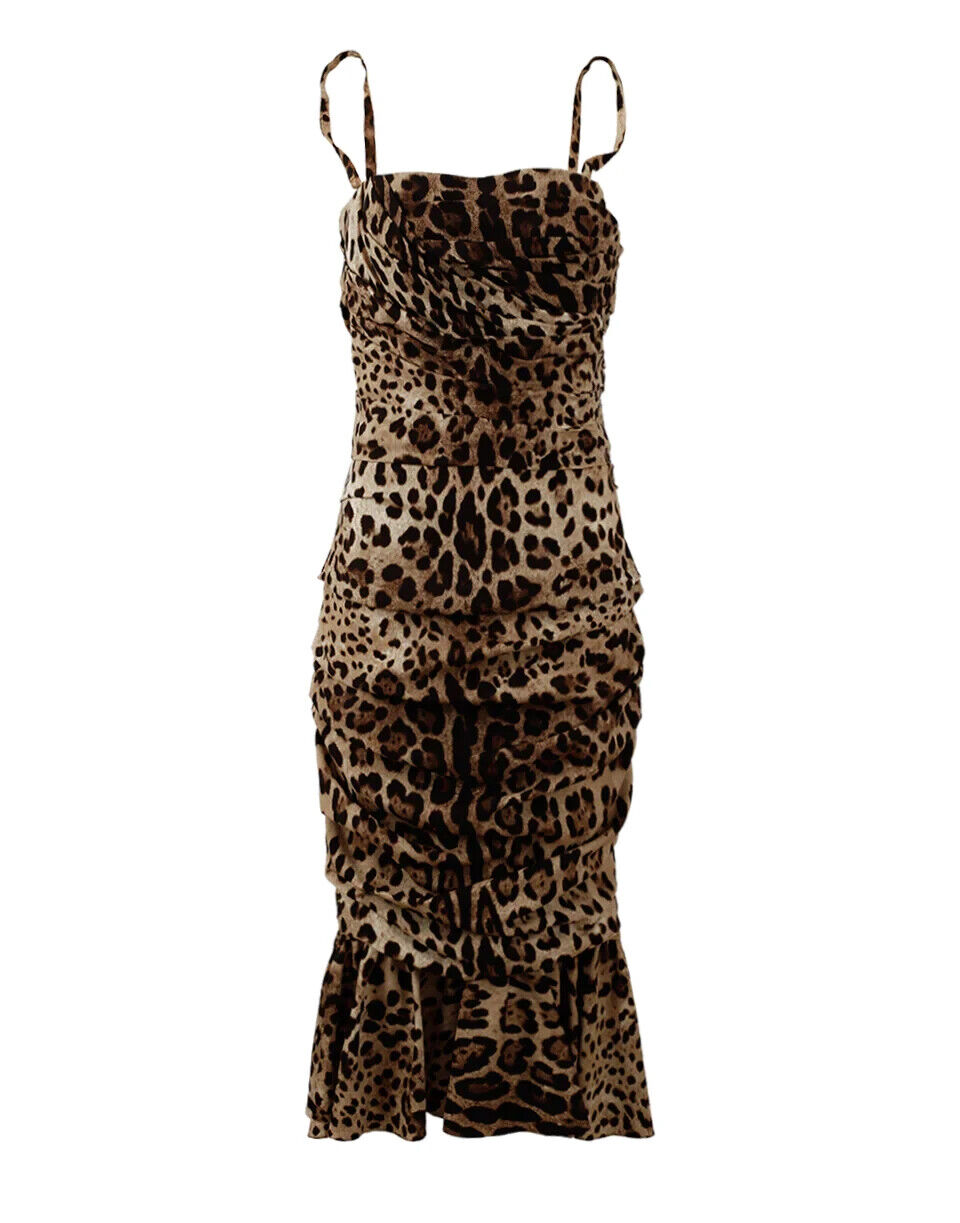 Dolce & Gabbana Brown Leopard Print Ruched Midi Dress Dolce & Gabbana Brown Leopard Print Ruched Midi Dress