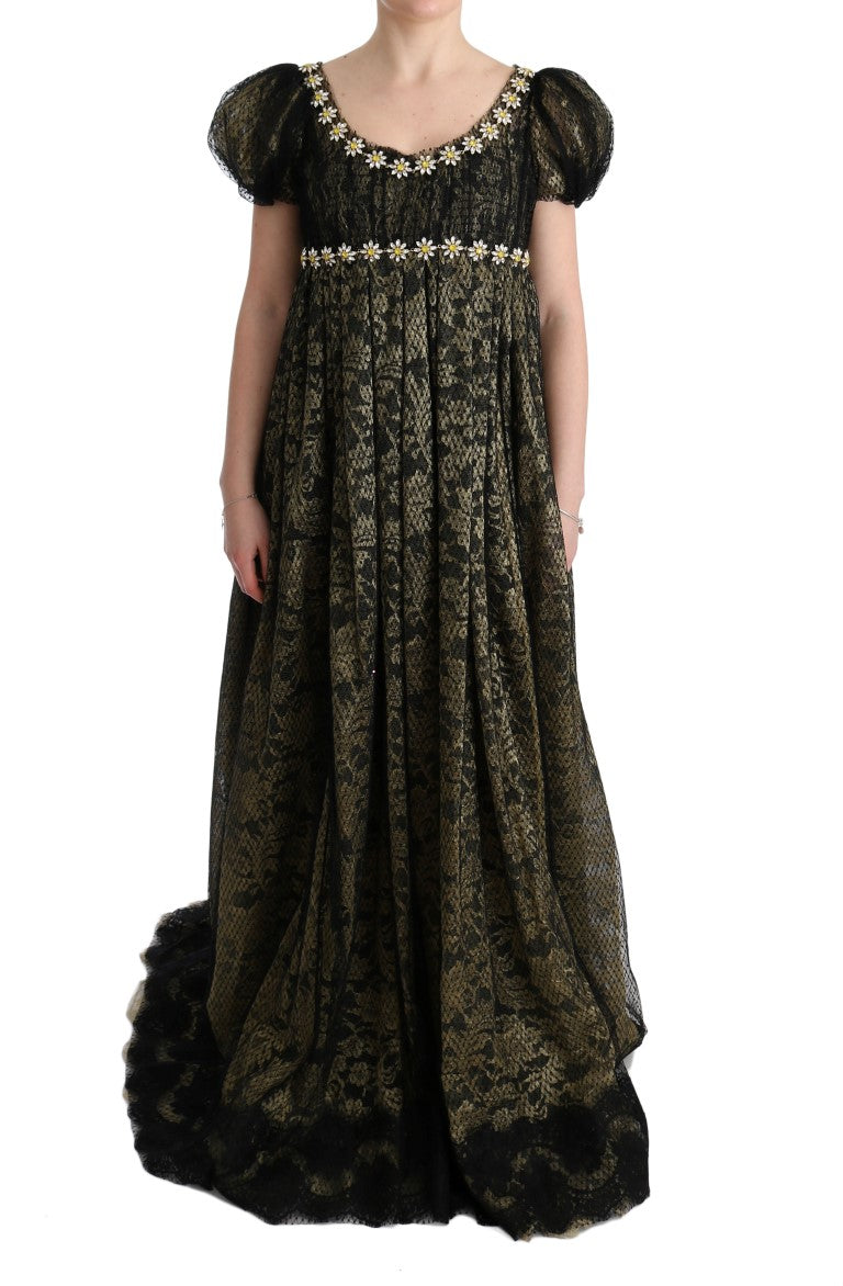 Dolce & Gabbana Black Yellow Crystal Lace Shift Dress Dolce & Gabbana Black Yellow Crystal Lace Shift Dress