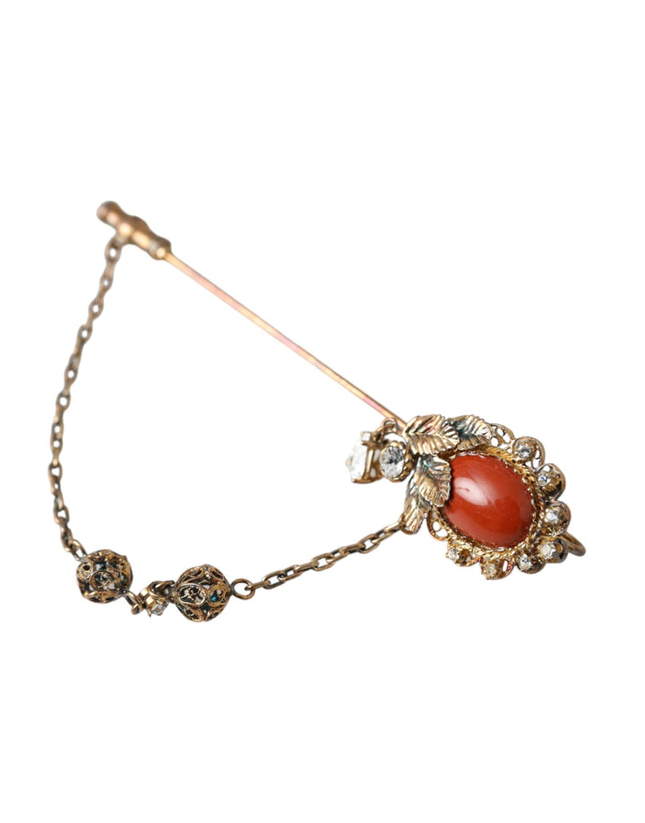 Dolce & Gabbana - Dolce & Gabbana Gold Brass Crystal Chain 925 Sterling Silver Pin Brooch - SMY10290 - Ask Me Wear