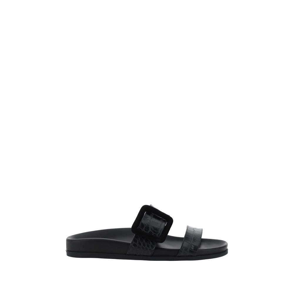 【MANOLO BLAHNIK】Mayfu Sandals BLACK Manolo Blahnik Mayfu Croc Embossed Leather Slide Sandals