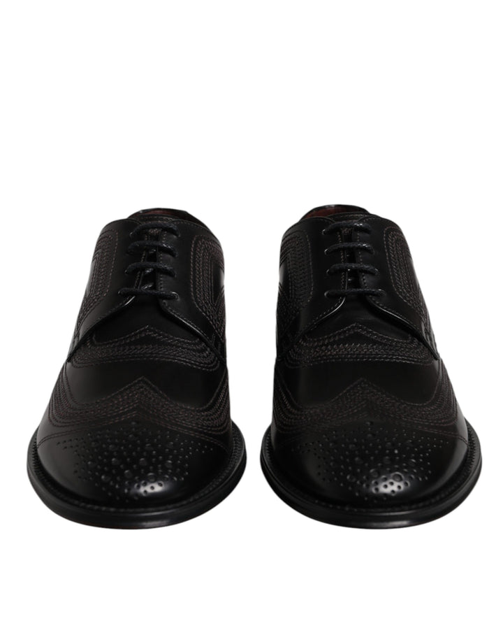Dolce & Gabbana Black Embroidered Classic Leather Derby Dress Shoes