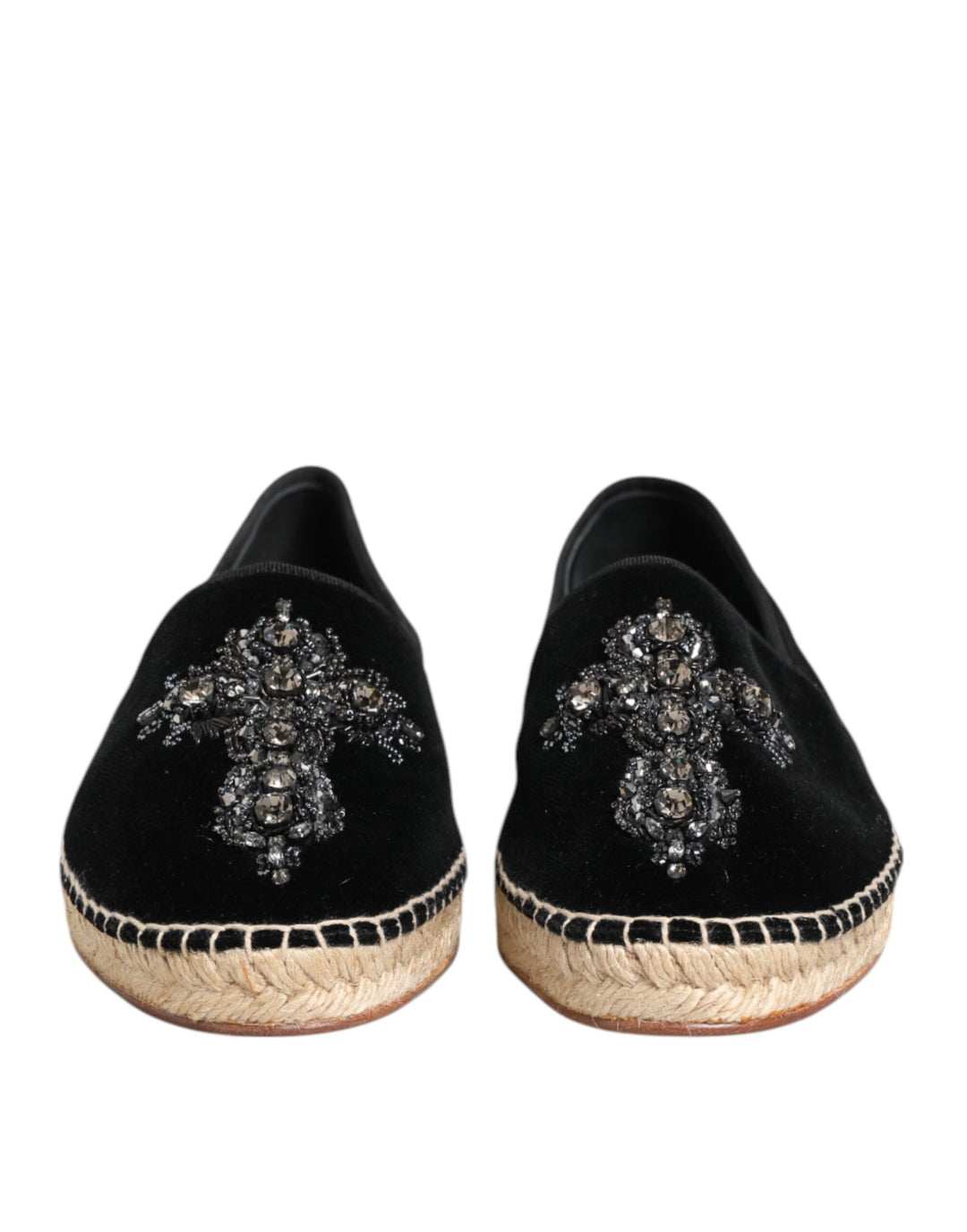 Dolce & Gabbana Black Cross Crystal Slip On Espadrille Shoes
