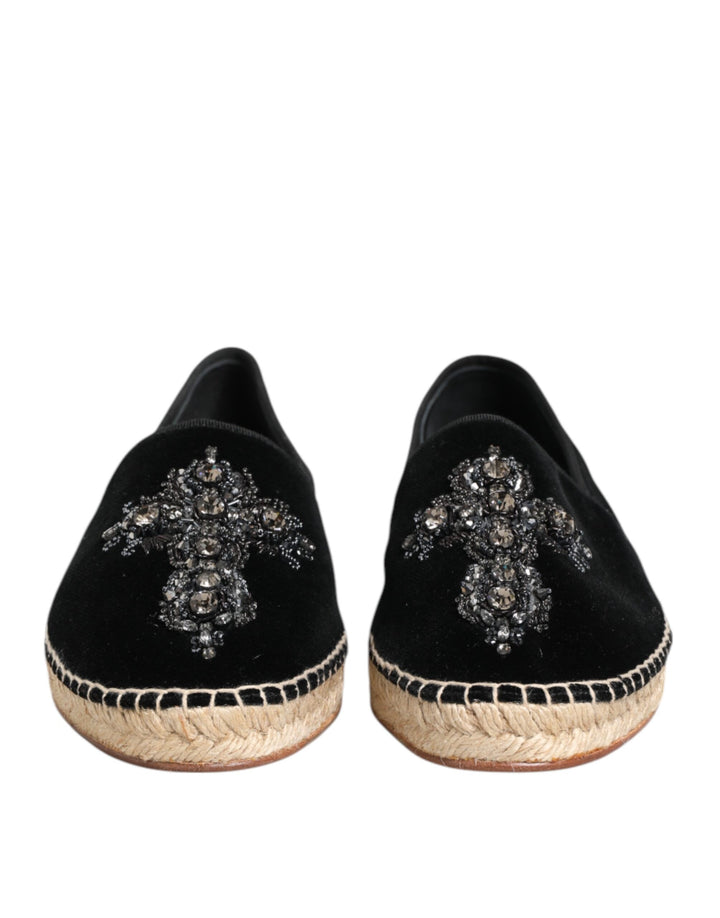 Dolce & Gabbana Black Cross Crystal Slip On Espadrille Shoes