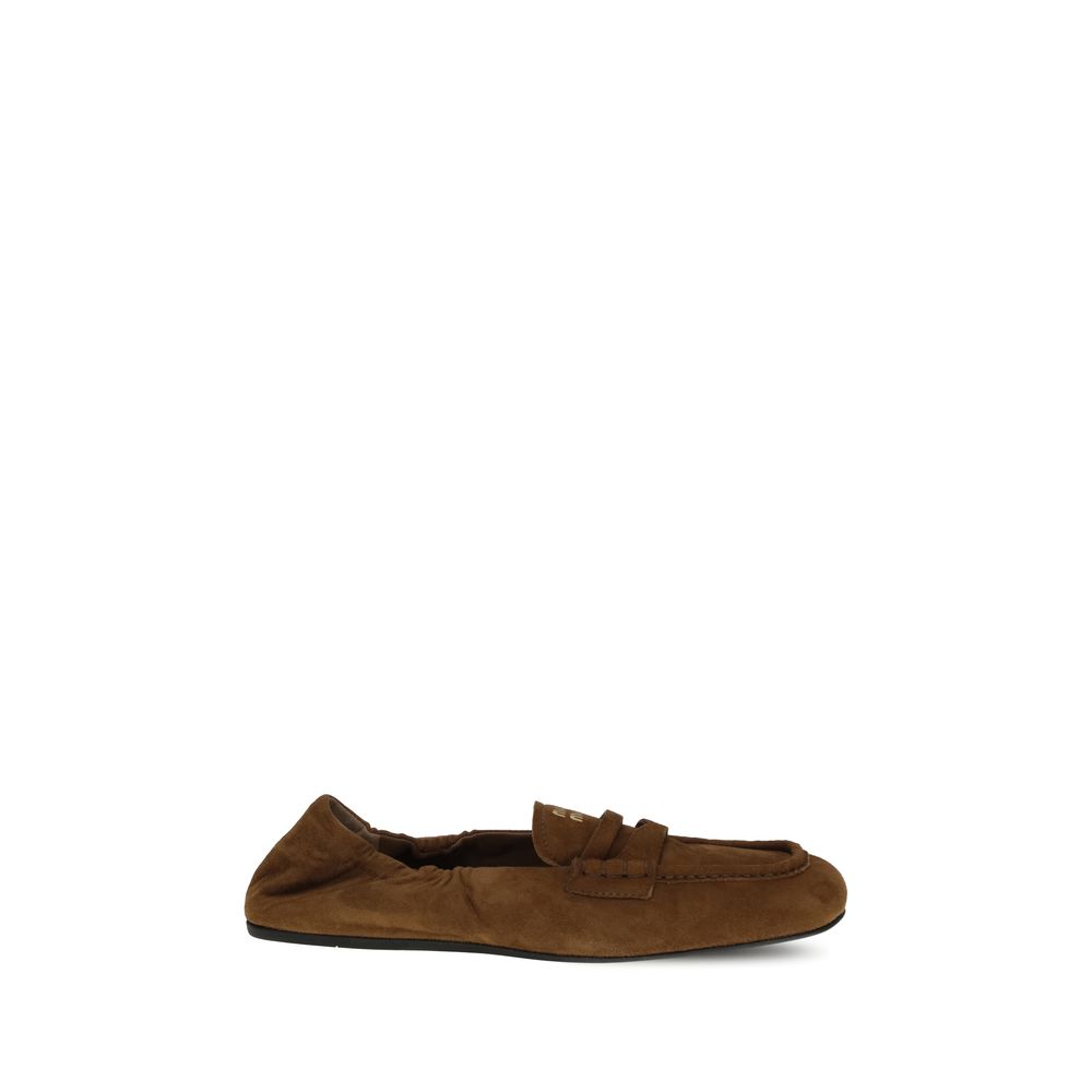 ローファー・オックスフォード MIU MIU RUCHES SUEDE LEATHER LOAFERS Ruches logo suede loafers in brown - Miu Miu | Mytheresa