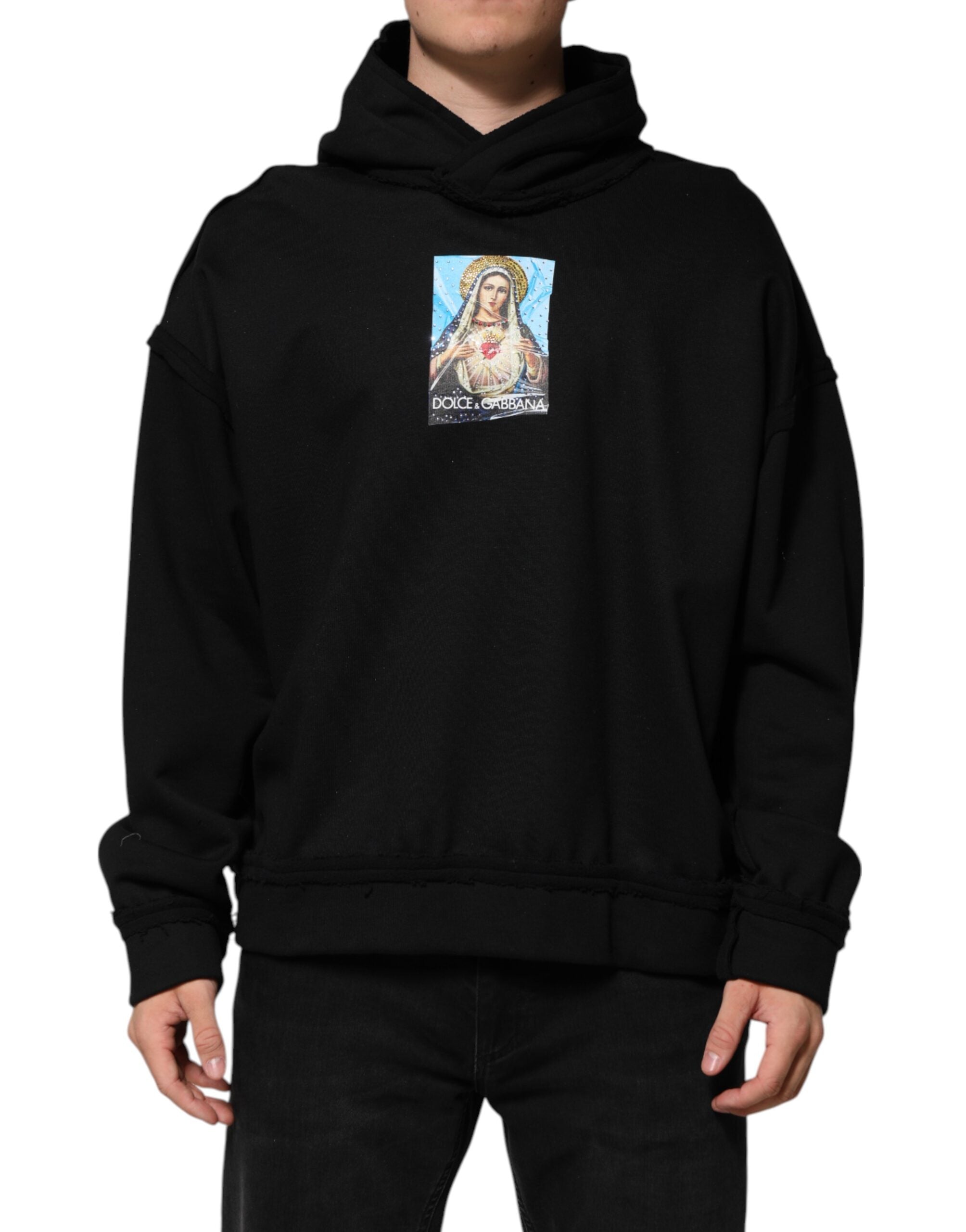 Dolce & Gabbana Black Printed Hoodie Crystal Embellished