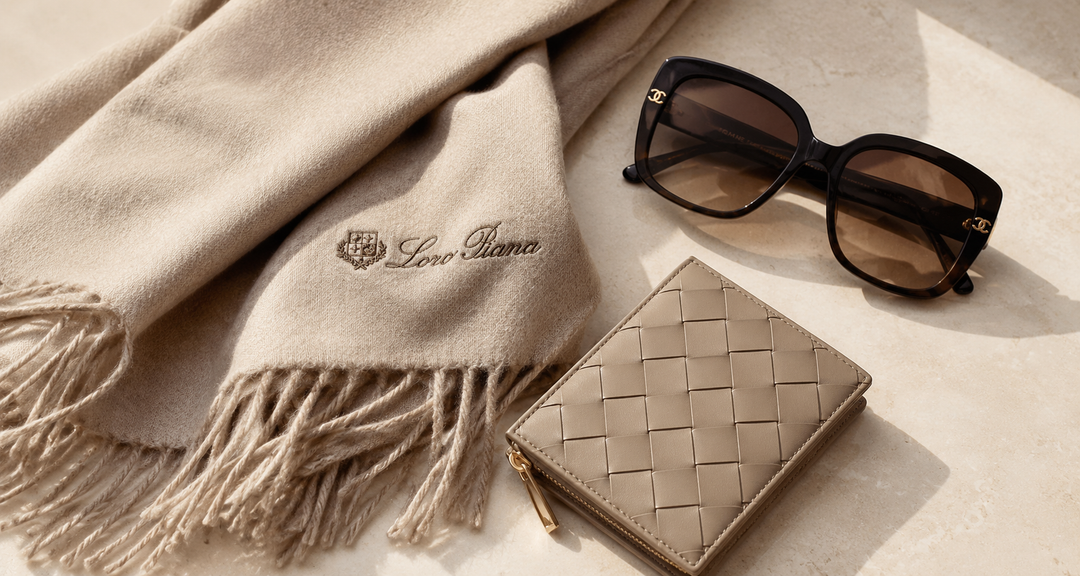 Loro Piana cashmere scarf, designer sunglasses, and Bottega leather wallet arranged as luxury gifts under $500
