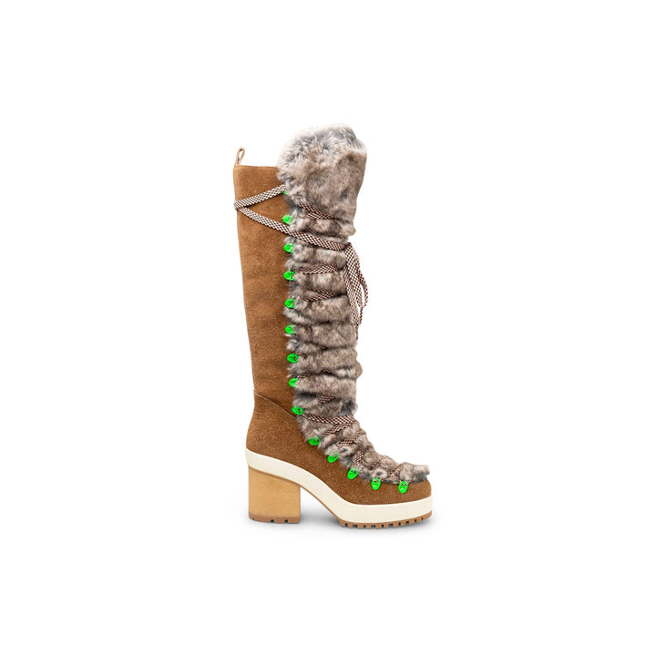 Hogan Fur-Trimmed Lace-Up Knee-High Boots in BROWN