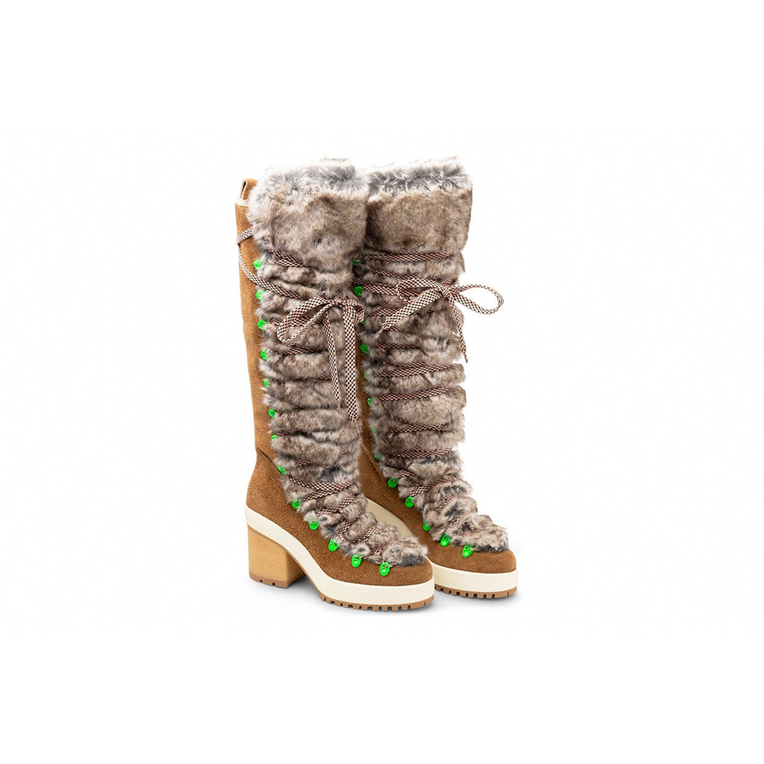 Hogan Fur-Trimmed Lace-Up Knee-High Boots in BROWN