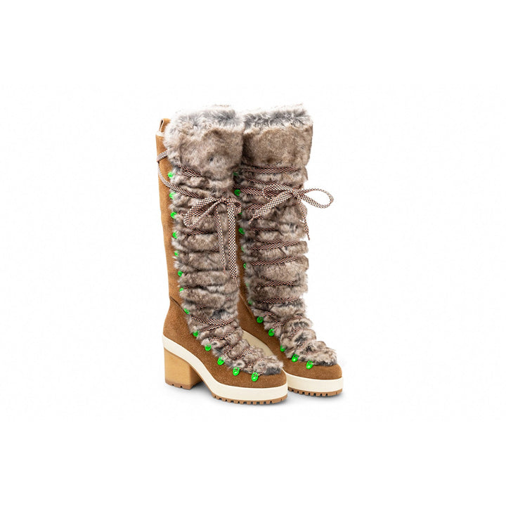Hogan Fur-Trimmed Lace-Up Knee-High Boots in BROWN
