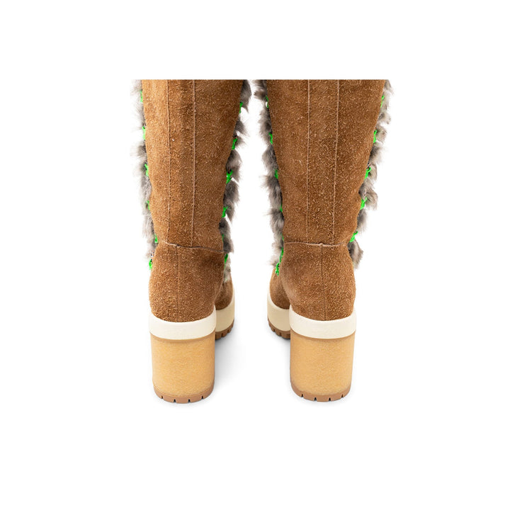 Hogan Fur-Trimmed Lace-Up Knee-High Boots in BROWN