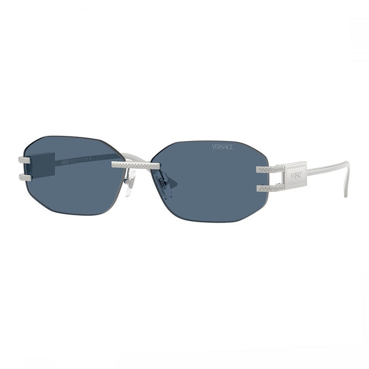 Versace Geometric Rimless, with a Silver frame and Dark Blue lens.