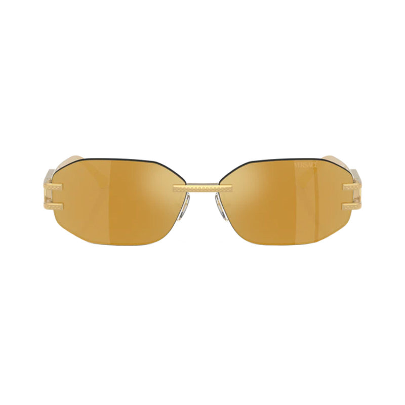 Versace Geometric Rimless, with a Gold frame and Brown Mirror Gold lens.