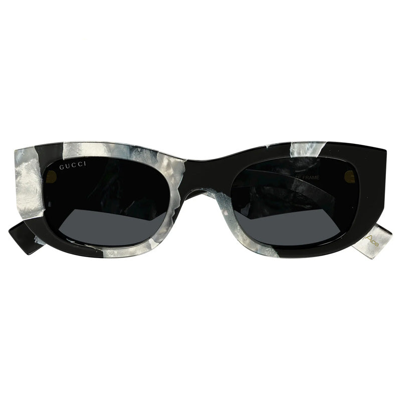 Gucci Geometric Full Rim, with a Black and White Mop Havana frame and Grey lens.