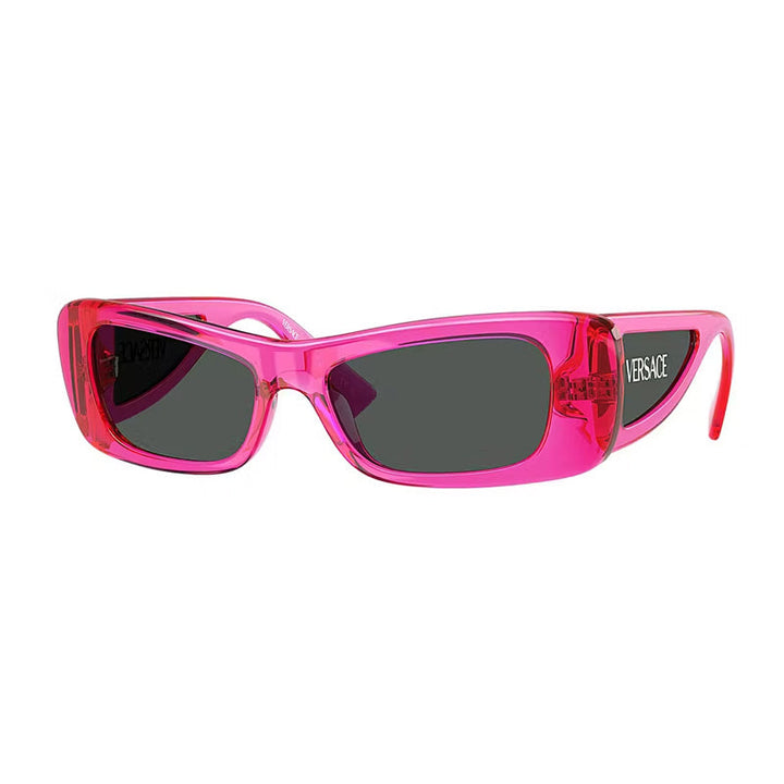 Versace Oval Full Rim, with a Transparent Fluo Fucsia frame and Dark Grey lens.