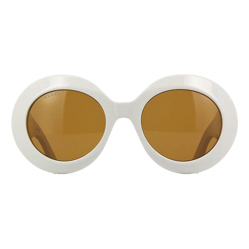 Gucci Oval Full Rim, with a White frame and Brown lens.
