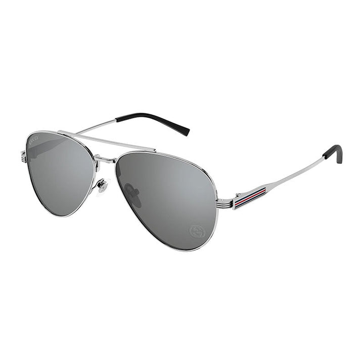 Gucci Aviator Full Rim, with a Silver frame and Silver Mirror lens.