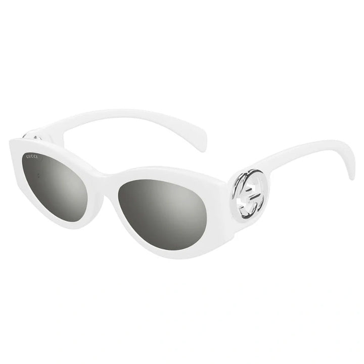 Gucci Cat Eye Full Rim, with a White frame and Grey Silver Mirror lens.