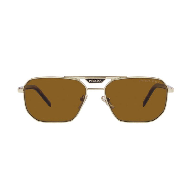 Prada Sunglasses Square Full Rim, Pale Gold Frame and Dark Brown Polarized Lens PR58YSZVN5Y1