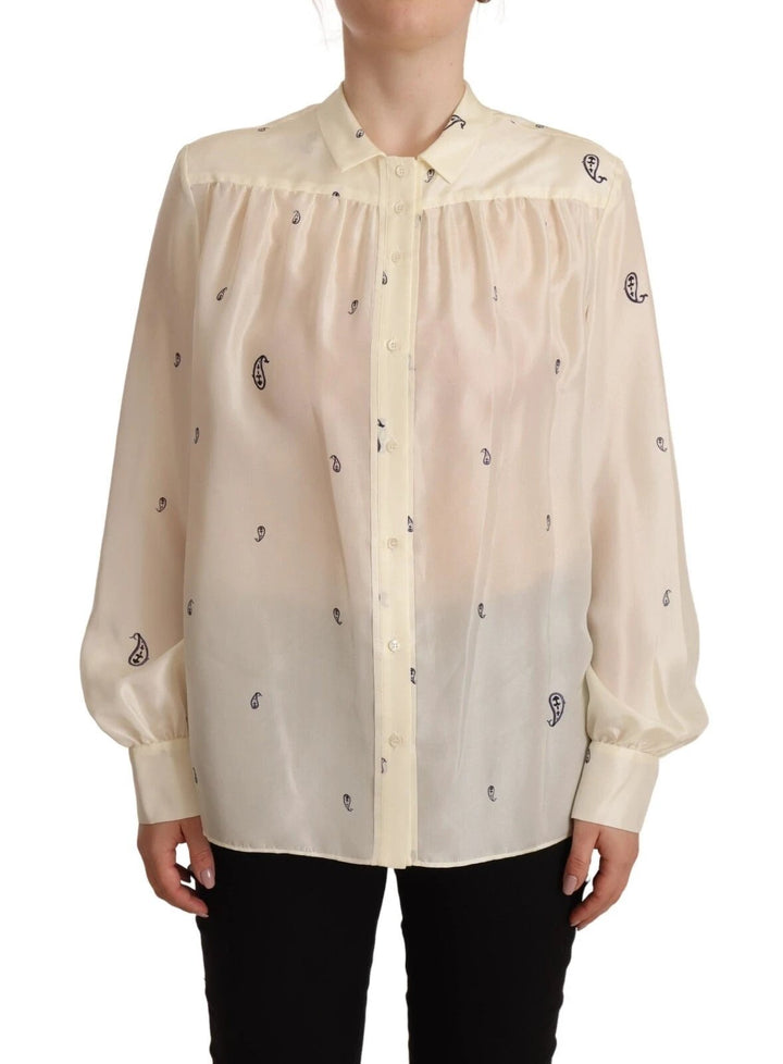 Aspesi Sample Sale Aspesi Off White 100% Silk Long Sleeves Collared Top Blouse - | Designer outlet
