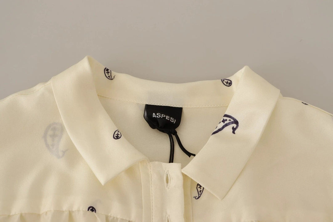 Aspesi Sample Sale Aspesi Off White 100% Silk Long Sleeves Collared Top Blouse - | Designer outlet