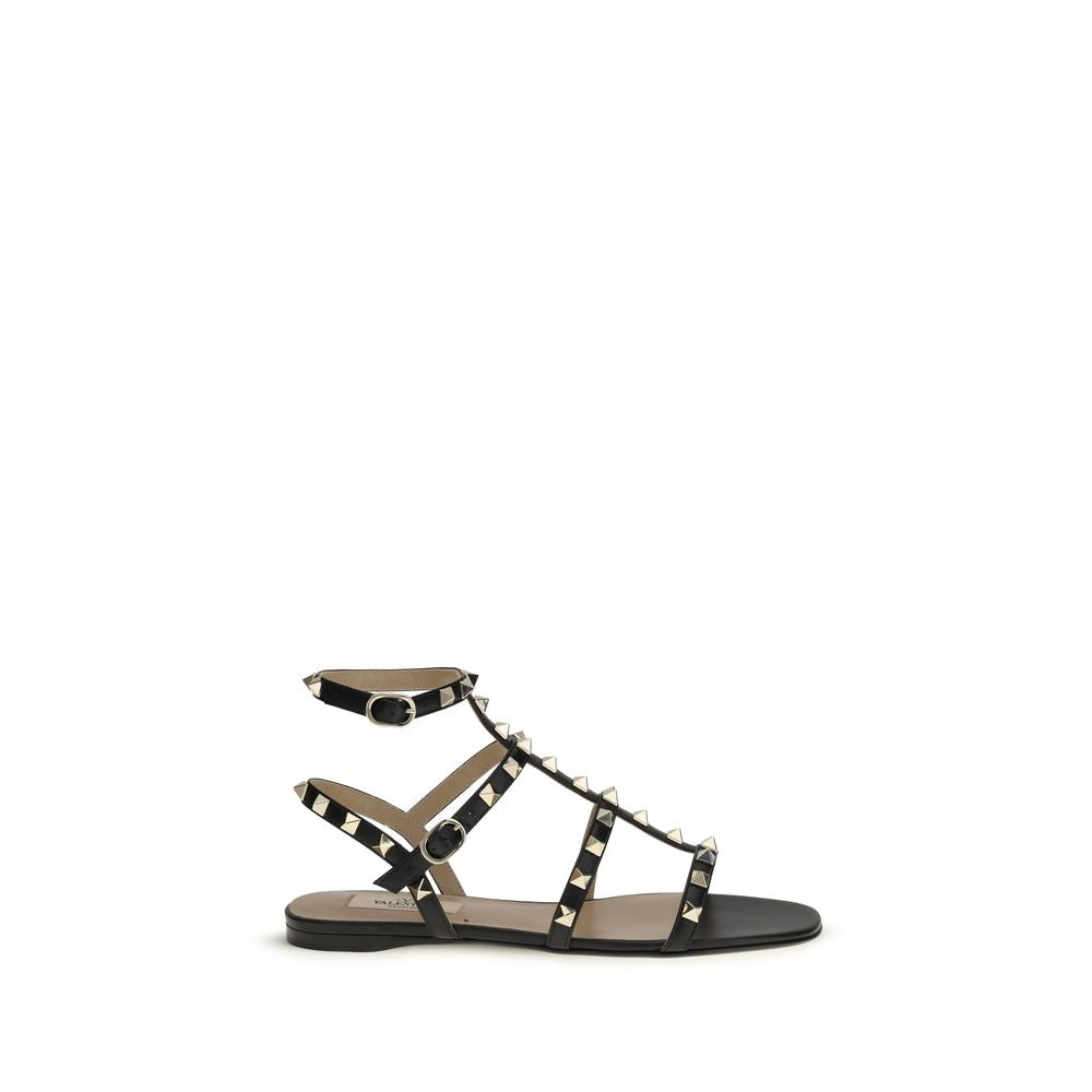 Valentino Garavani Black Calf Leather Bos Taurus Flat Sandals by Valentino Garavani outlet now on sale