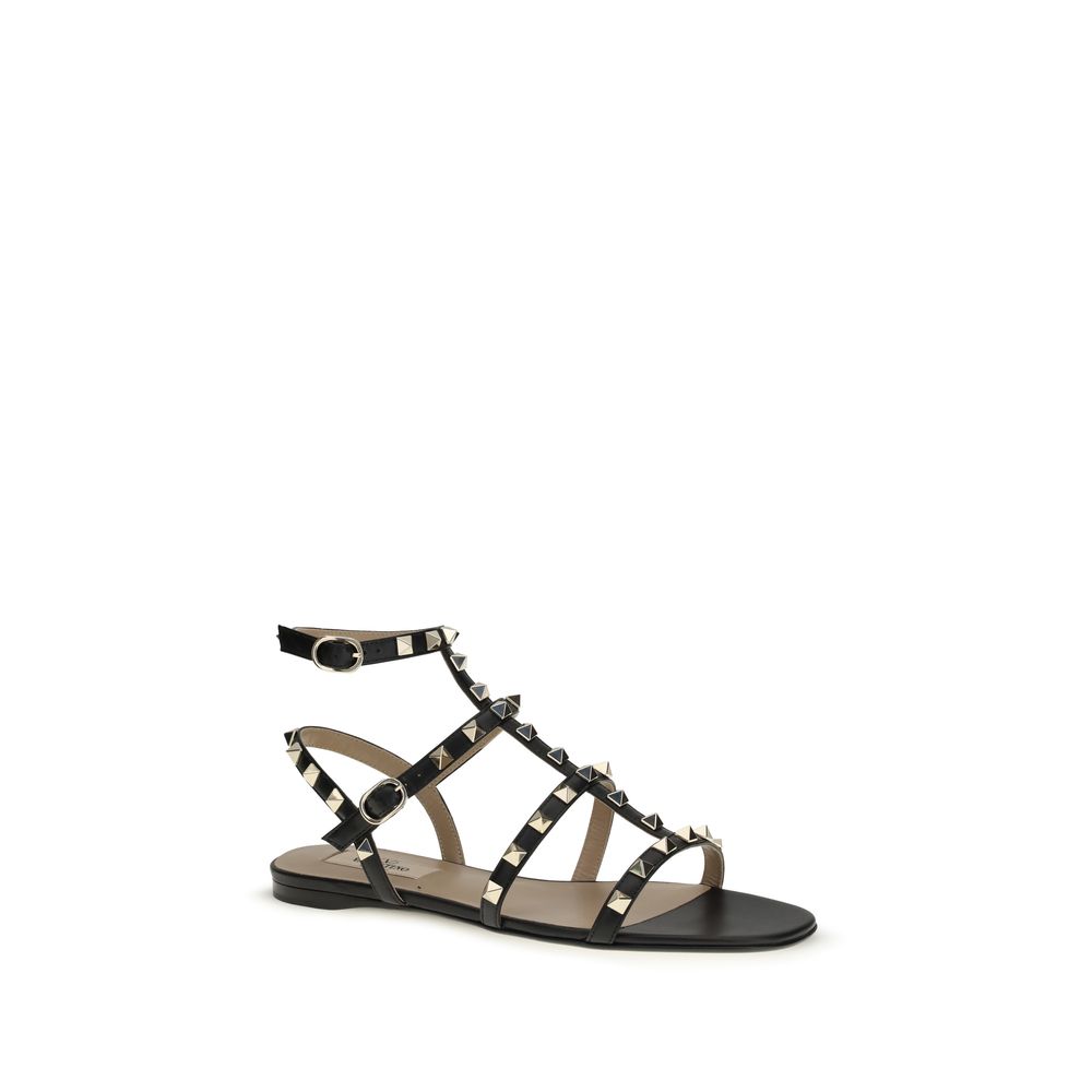 Valentino Garavani Black Calf Leather Bos Taurus Flat Sandals by Valentino Garavani outlet now on sale