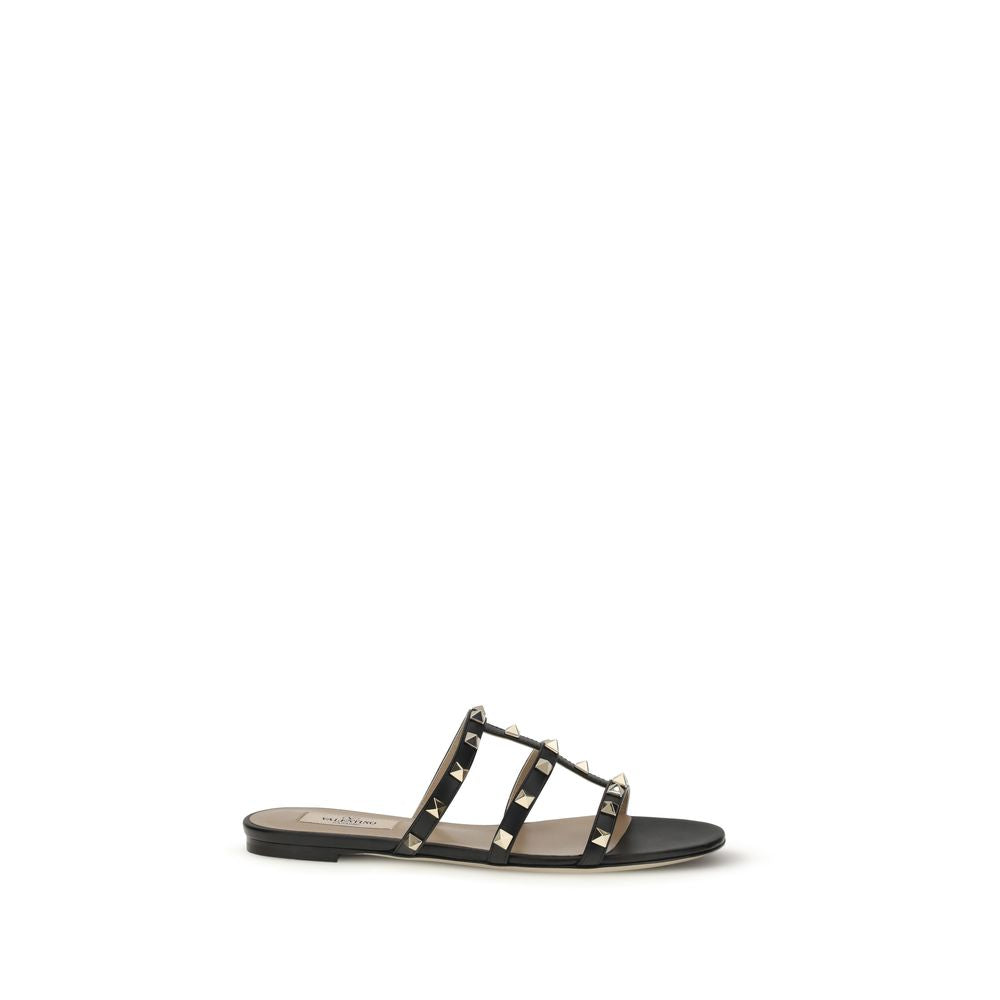 Valentino Garavani Black Calf Leather Bos Taurus Flat Sandals by Valentino Garavani outlet now on sale
