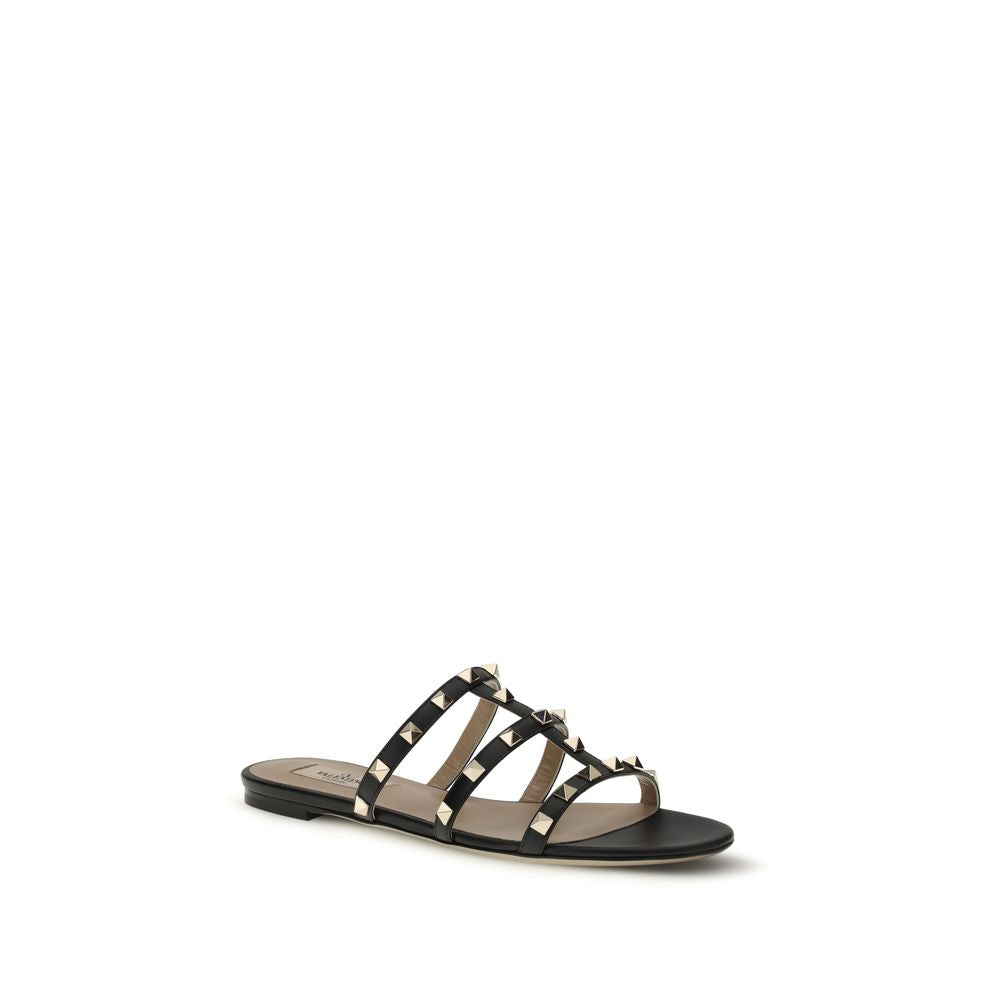Valentino Garavani Black Calf Leather Bos Taurus Flat Sandals by Valentino Garavani outlet now on sale