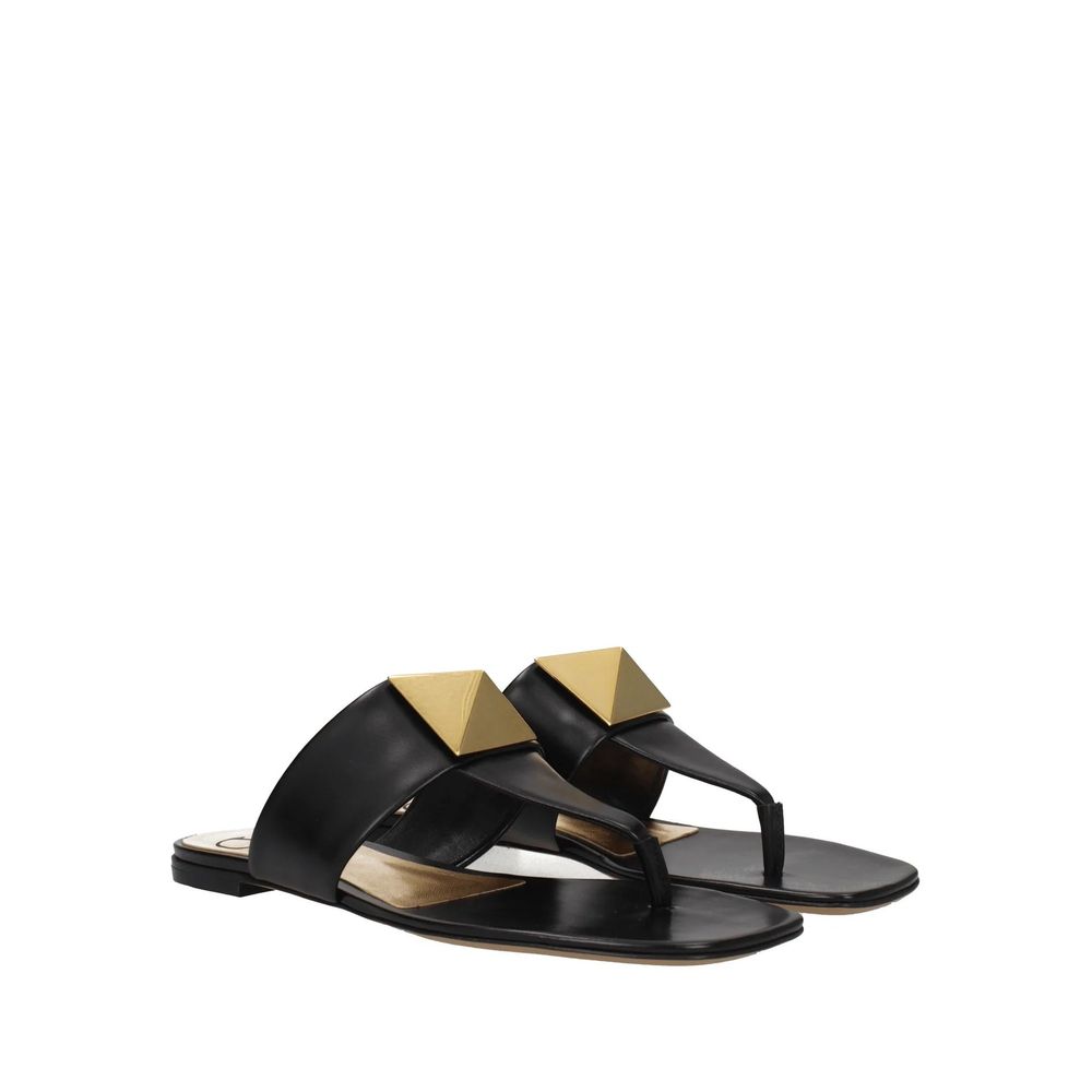Valentino Garavani Black Calfskin Flat Sandals by Valentino Garavani outlet now on sale