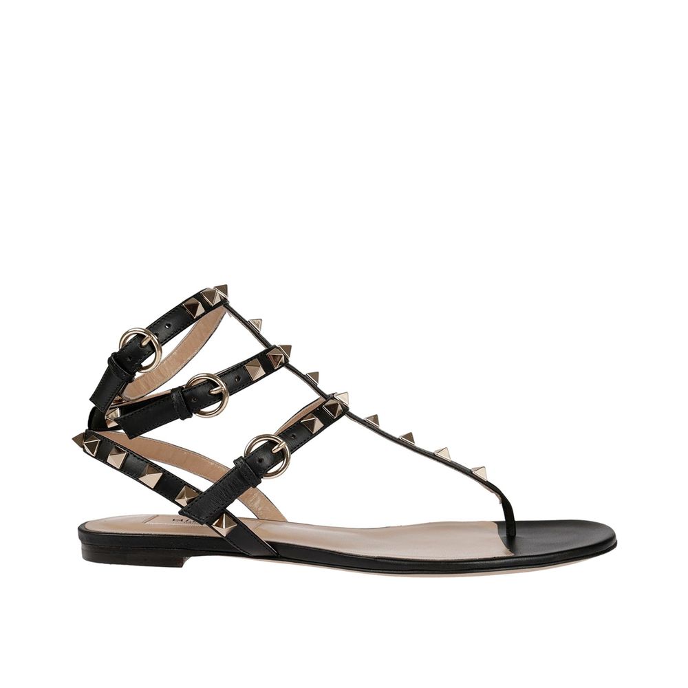Valentino Garavani Black Calfskin Flat Sandals by Valentino Garavani outlet now on sale