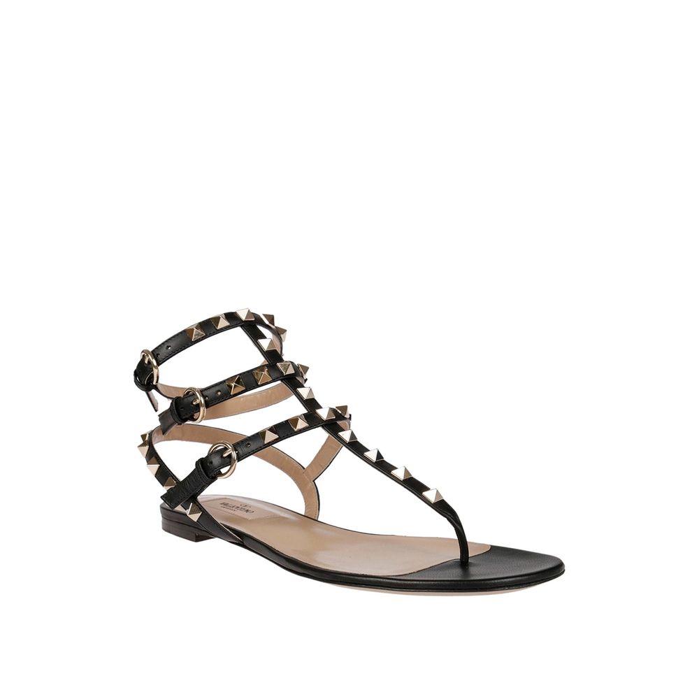 Valentino Garavani Black Calfskin Flat Sandals by Valentino Garavani outlet now on sale