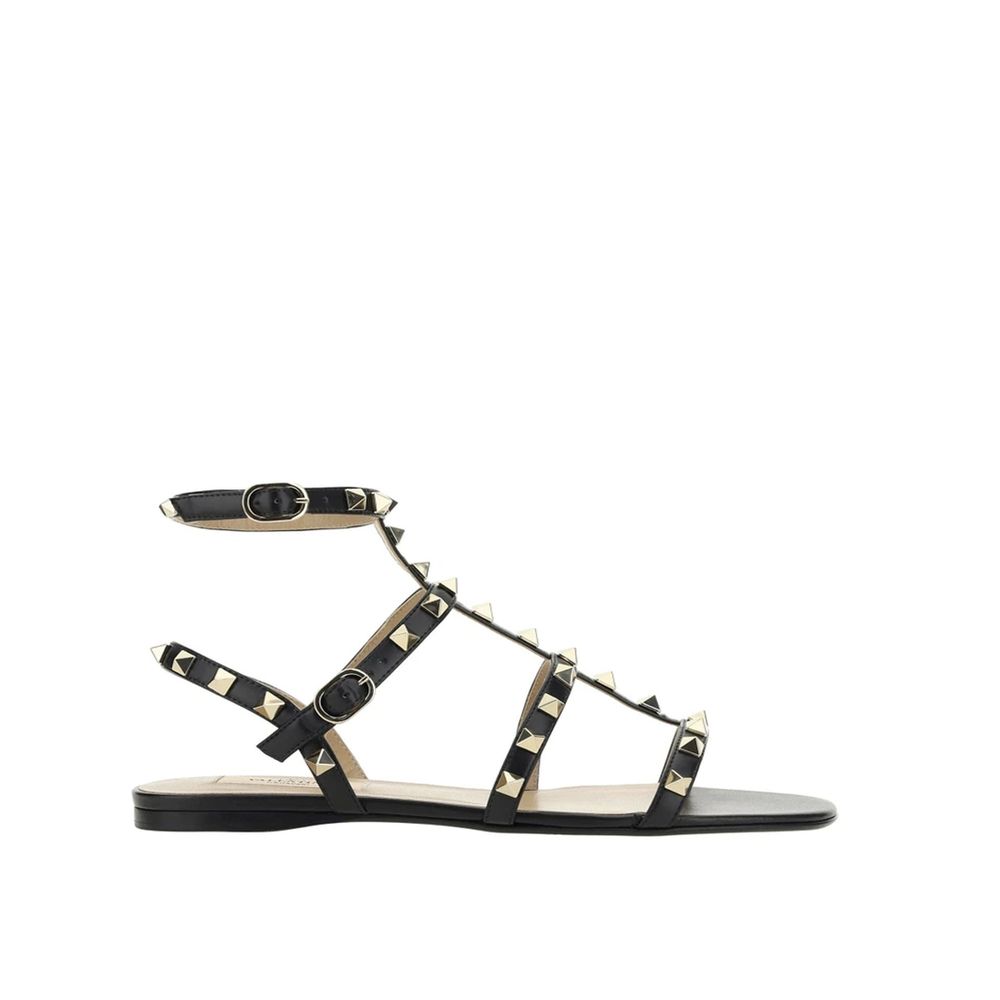 Valentino Garavani Black Calfskin Flat Sandals by Valentino Garavani outlet now on sale