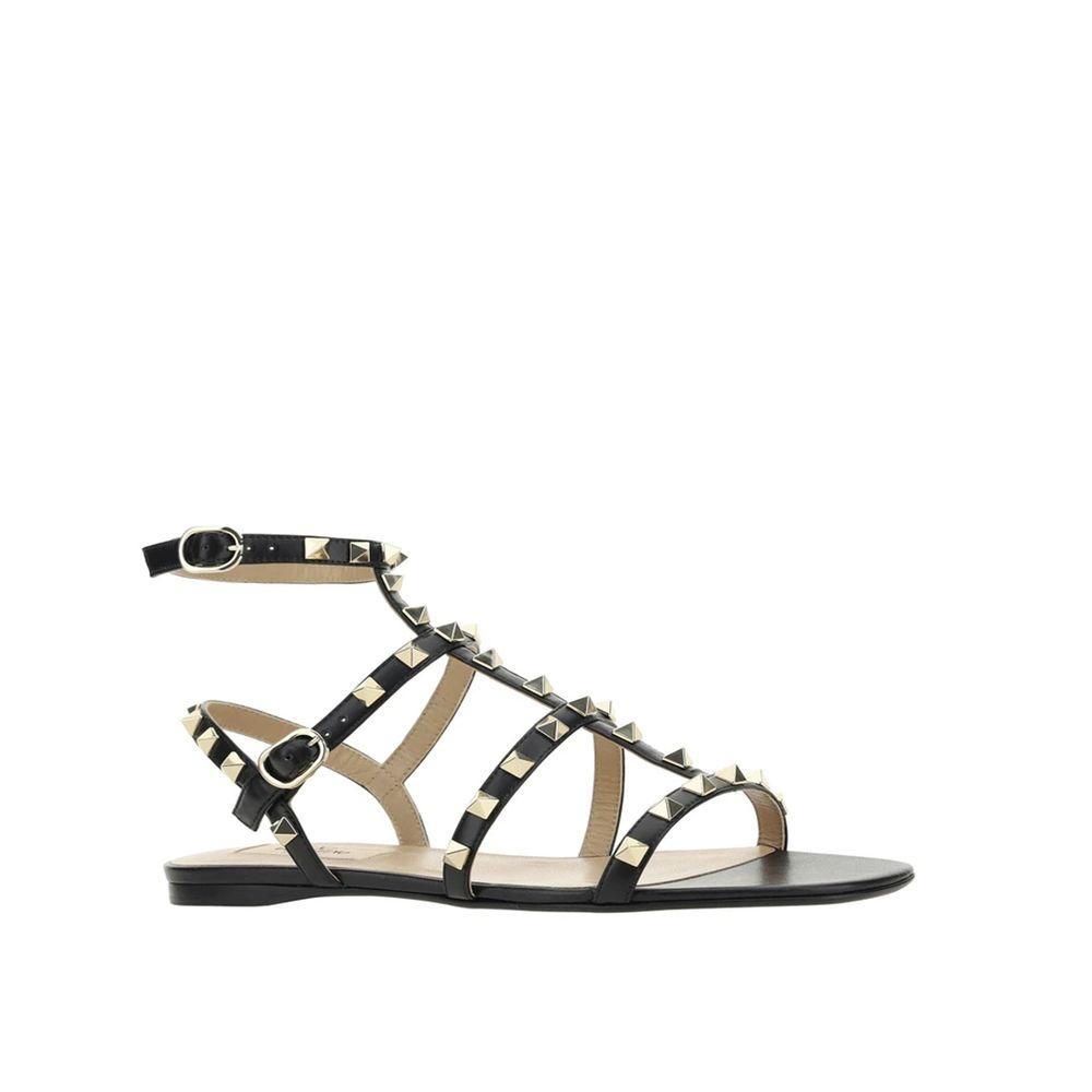 Valentino Garavani Black Calfskin Flat Sandals by Valentino Garavani outlet now on sale