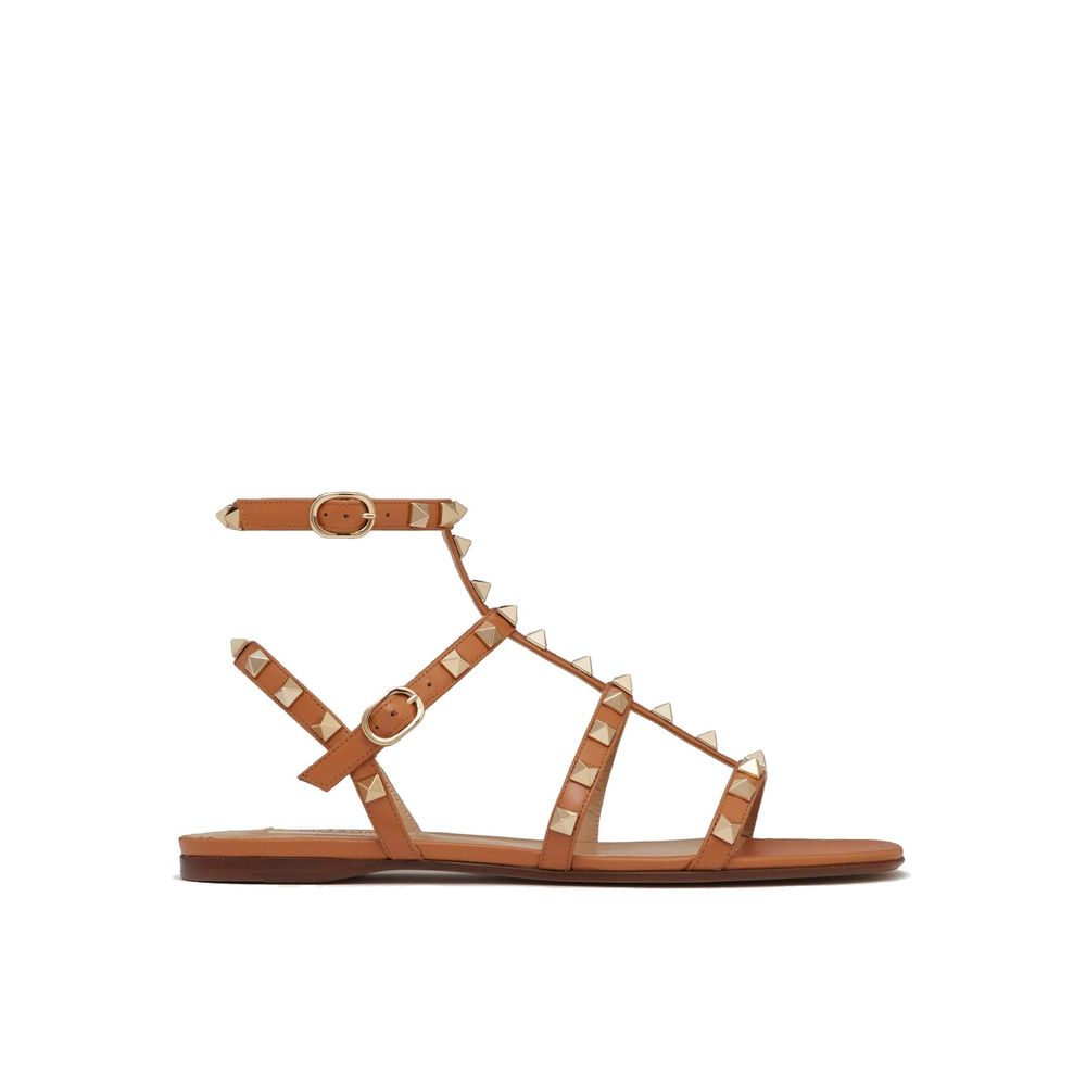 Valentino Garavani Brown Leather Flat Sandals by Valentino Garavani outlet now on sale