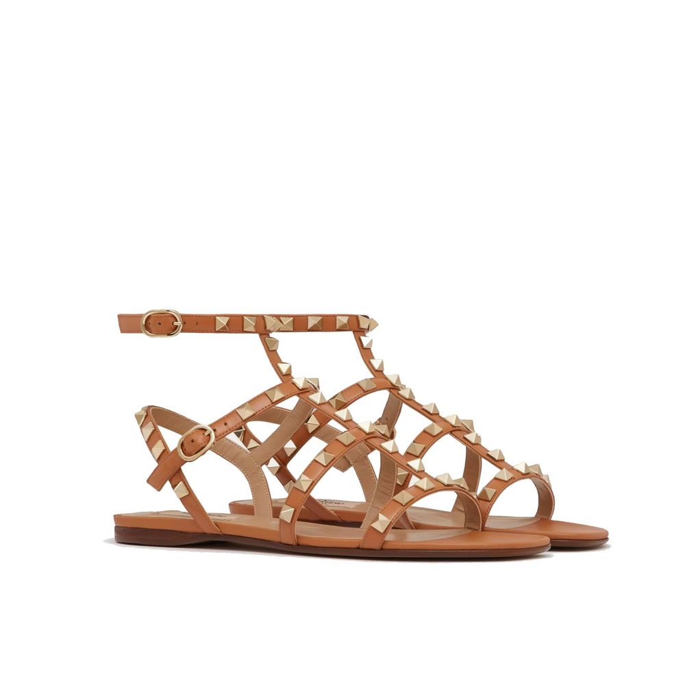 Valentino Garavani Brown Leather Flat Sandals by Valentino Garavani outlet now on sale